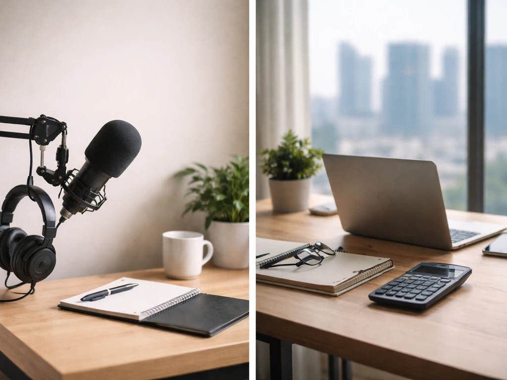 Split-screen style scene with two anonymous studio/office desks symbolizing two different Mark Bautistas