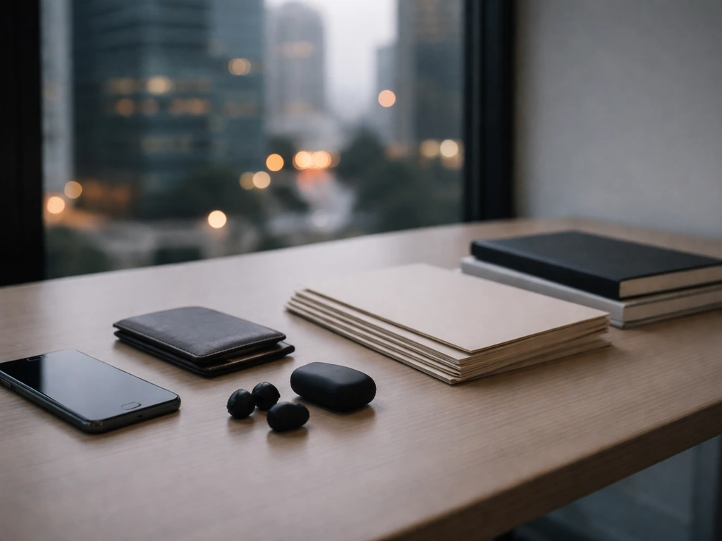 Minimal photo of a tidy desk with a smartphone, wallet, and earbuds beside city skyline, symbolizing net-worth research.