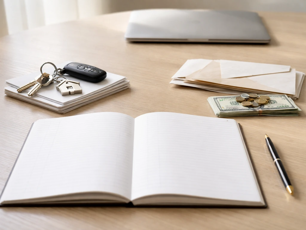 Minimal photo of a tabletop ledger with envelopes, keys, and a small stack of bills beside a laptop