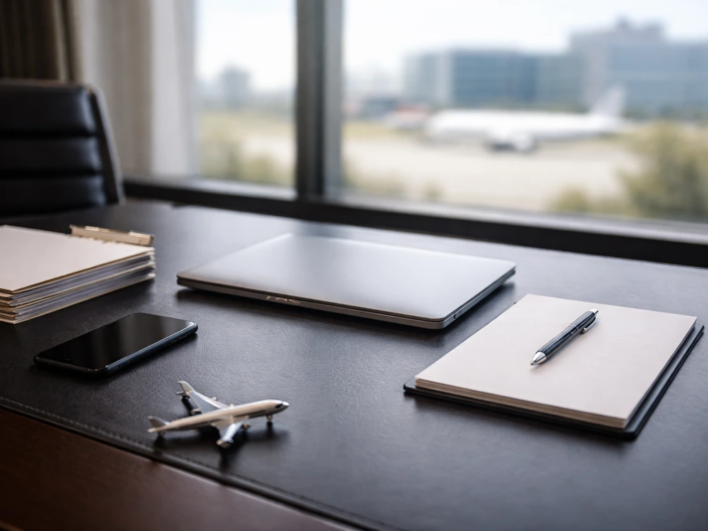 Minimal executive desk scene with aviation-themed background to symbolize Gulfstream-related identity verification.