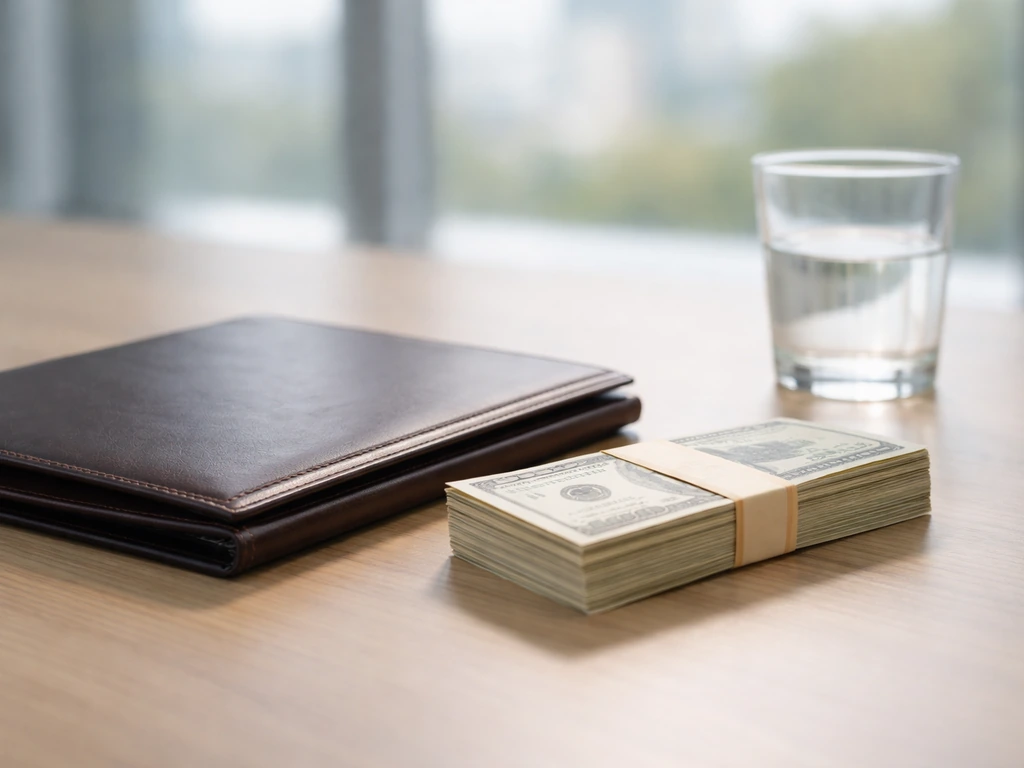 Leather portfolio and banded cash on a desk with blurred office window light, symbolic of net-worth estimates.