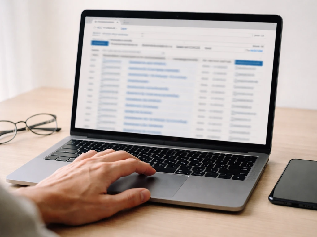 Anonymous hand hovering over a laptop showing a blurred SEC EDGAR search results page, due-diligence mode.