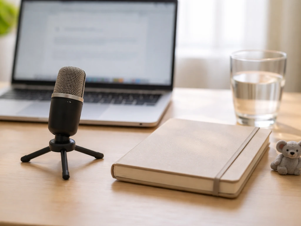 Desk with microphone and blank notebook beside a laptop glow, symbolizing comparing identity sources