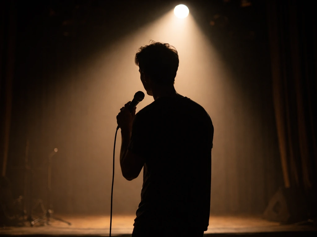 An anonymous comedian onstage in spotlight at a small theater during a live touring performance
