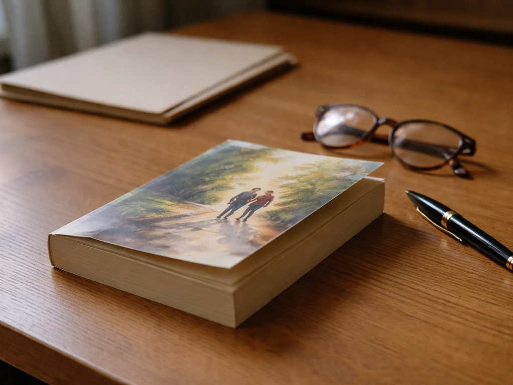 Open desk with a 1990s-style paperback and a publishing checklist, symbolizing a mainstream book deal