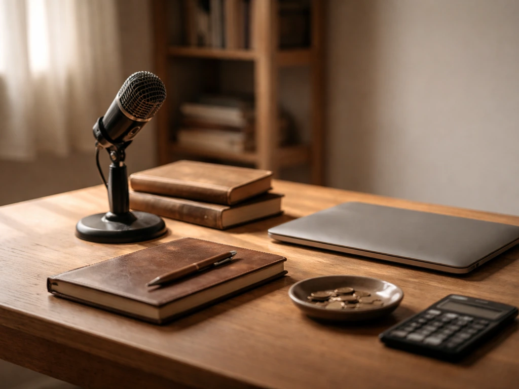 Minimal studio scene with a microphone and notes, evoking a true-crime author discussing finances.