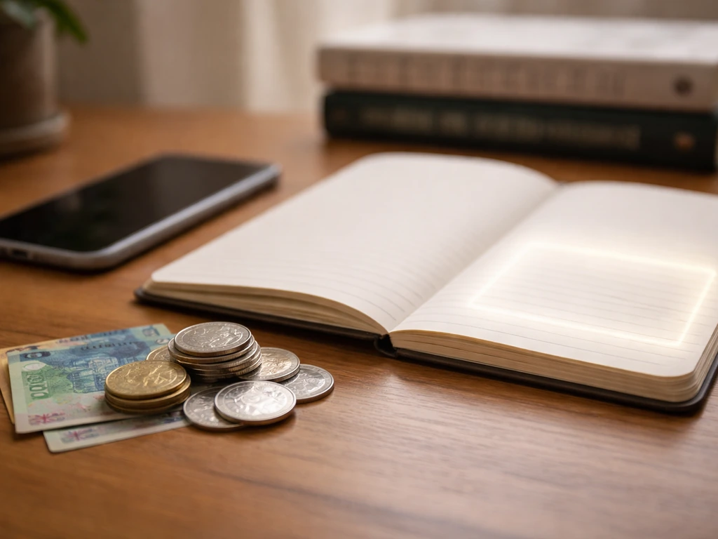 Coins and a notebook on a wooden desk with a subtle highlighted page corner, suggesting skepticism about a low figure.