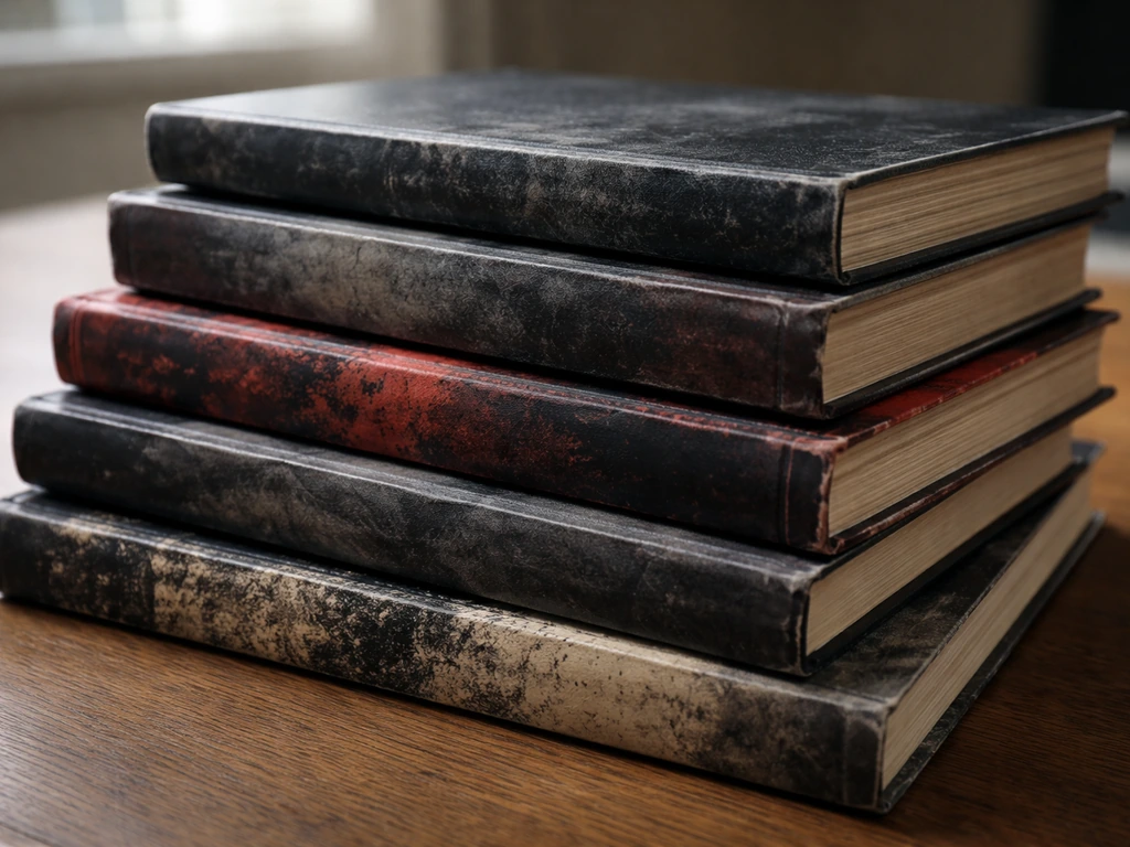 Close-up of stacked book spines on a wooden table, suggesting book sales and royalties.