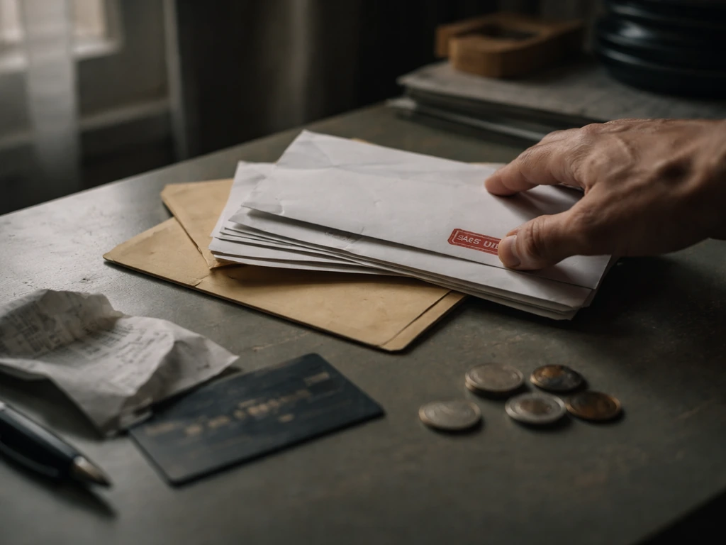Disheveled desk with overdue bills and scattered coins, suggesting financial strain
