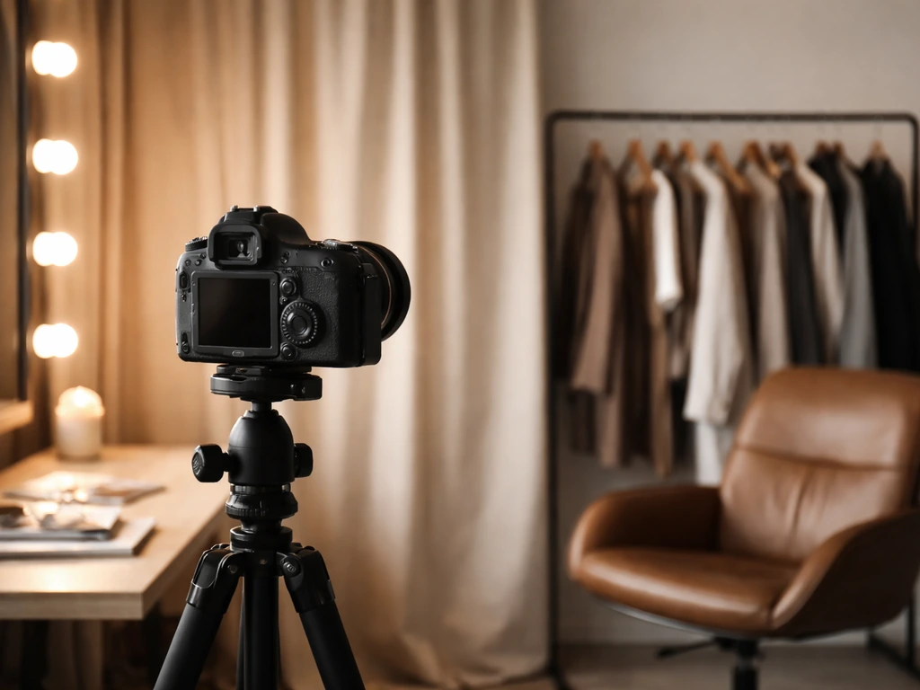 Minimal fashion studio scene with a camera on a tripod and clothing rack, symbolizing entertainment work.