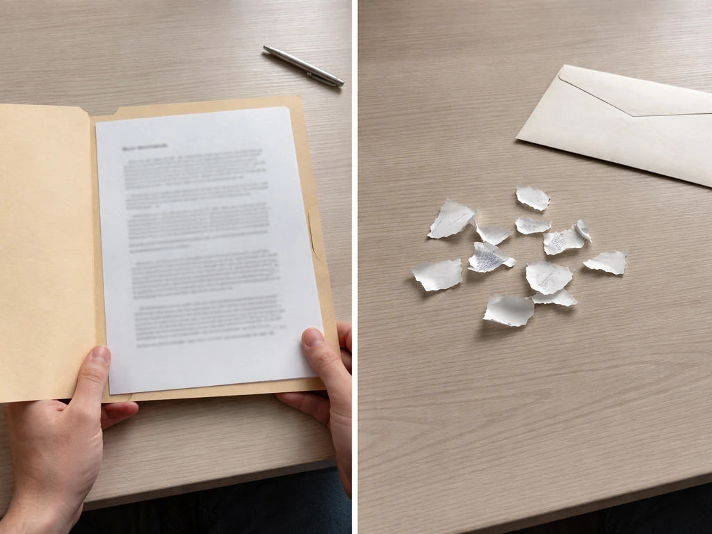 Desk scene showing an open document for verification versus torn papers for speculation, no text.