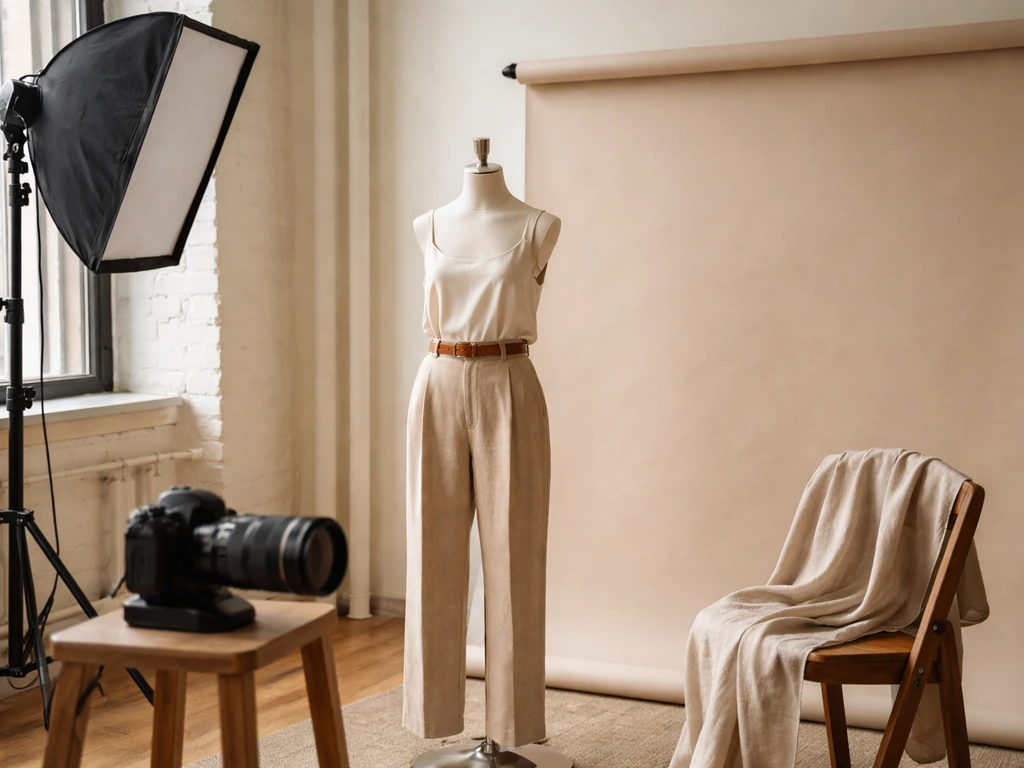 Minimal fashion photoshoot setup with mannequin, camera, softbox lighting in a New York studio.