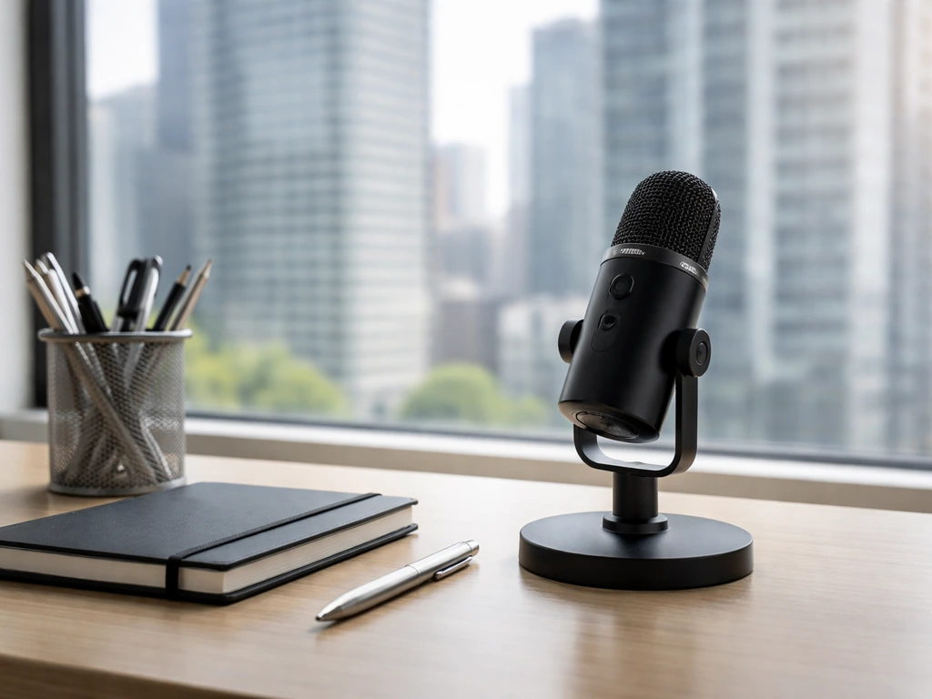 Minimal office desk scene with a notebook and microphone symbolizing business media profiles