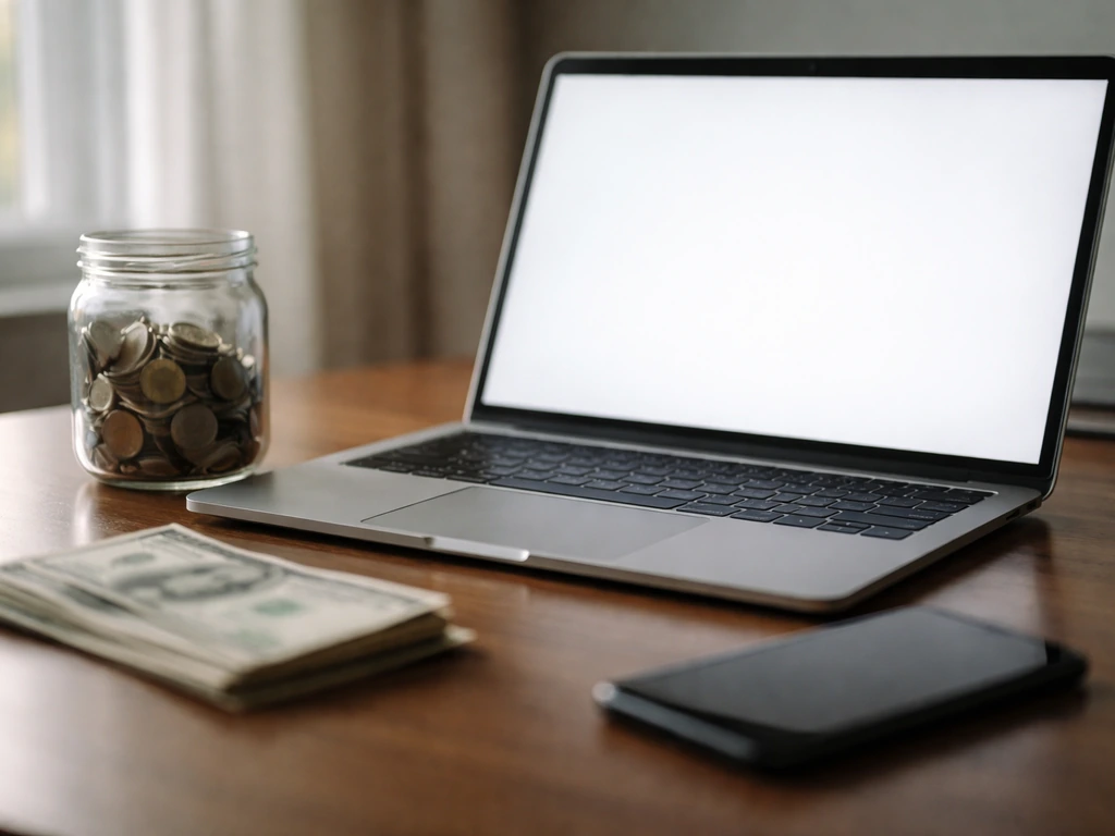 Minimal desk scene with a laptop and cash, symbolizing current public net worth estimates.