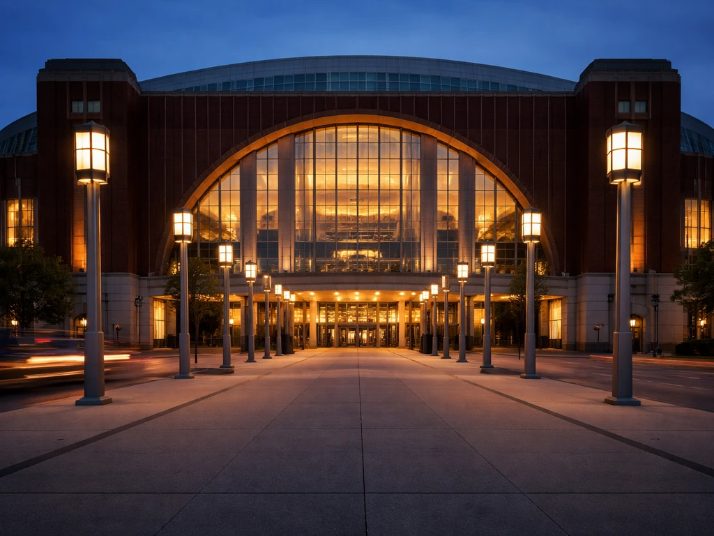 Evening view of a Dallas Mavericks arena exterior with bright entrance lights and empty walkway