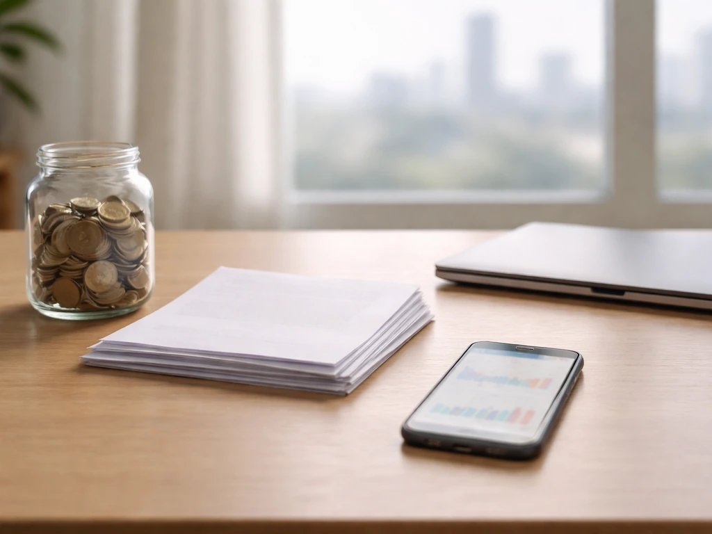 Minimal home office desk with blank documents and coins jar, suggesting net-worth estimates without any readable numbers