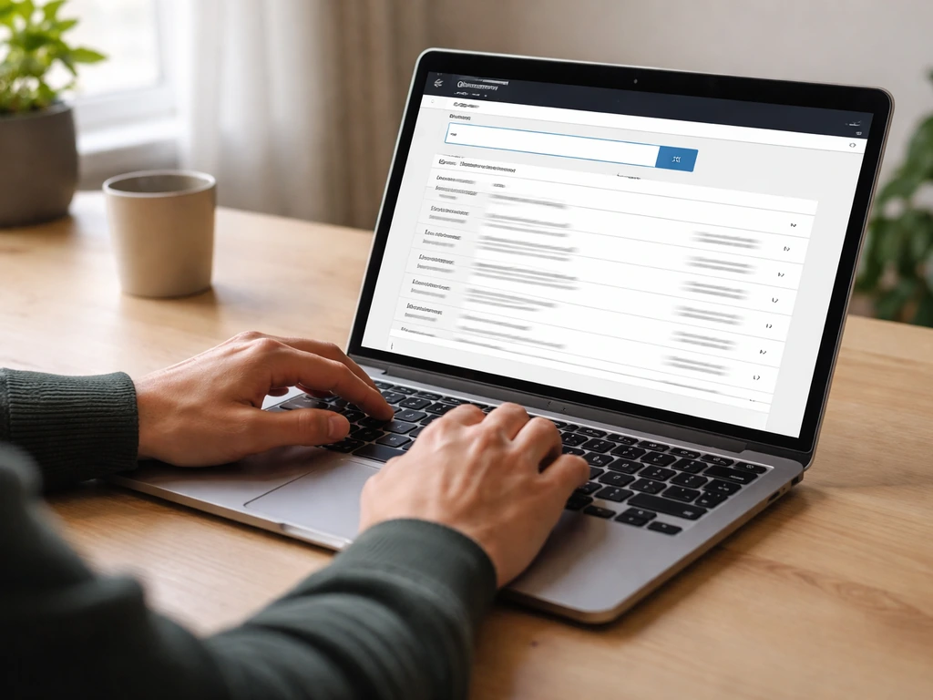 Anonymous hands using a laptop showing a generic company registry search and filing results mockup.