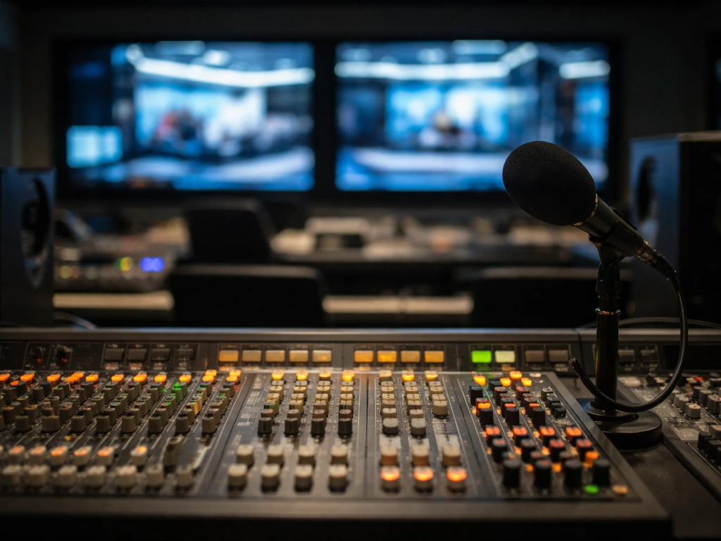 Empty TV studio control room with microphone and broadcast console, symbolizing reliable TV career and money.