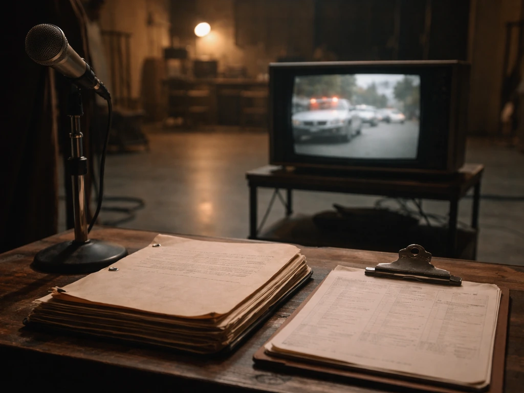 Vintage TV set with classic microphone and film script props, evoking 1970s series earnings and residuals.