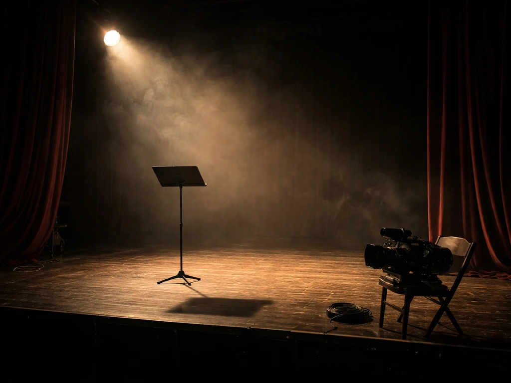 Warm spotlight on an empty theater stage with a vintage film camera, suggesting stage and film work.