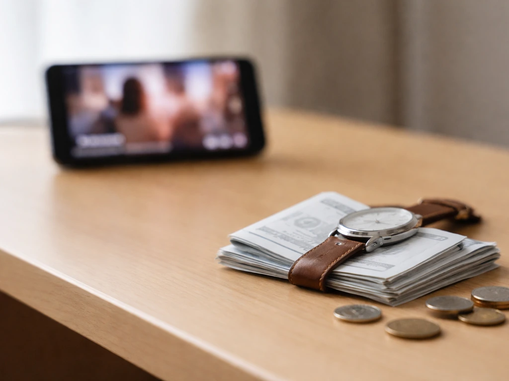 Desk scene with blurred streaming phone, coins, and folded medical bills suggesting profit vs rising health costs.