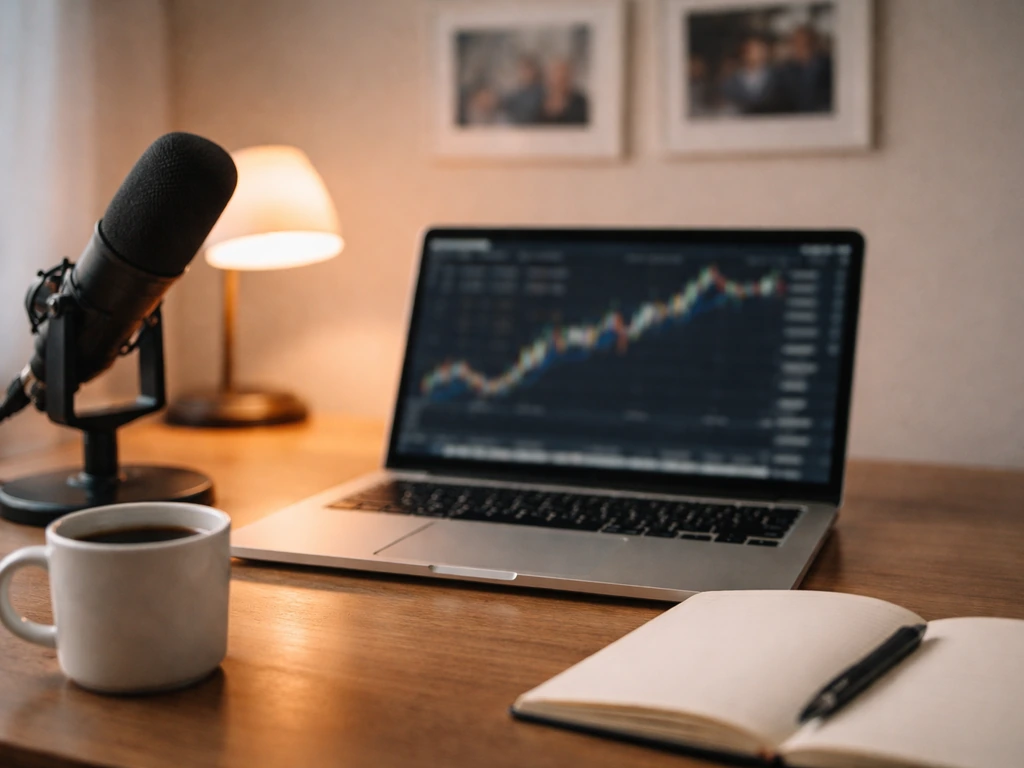 Minimal photo of a trading desk with laptop, charts blurred, and a notebook suggesting market education.