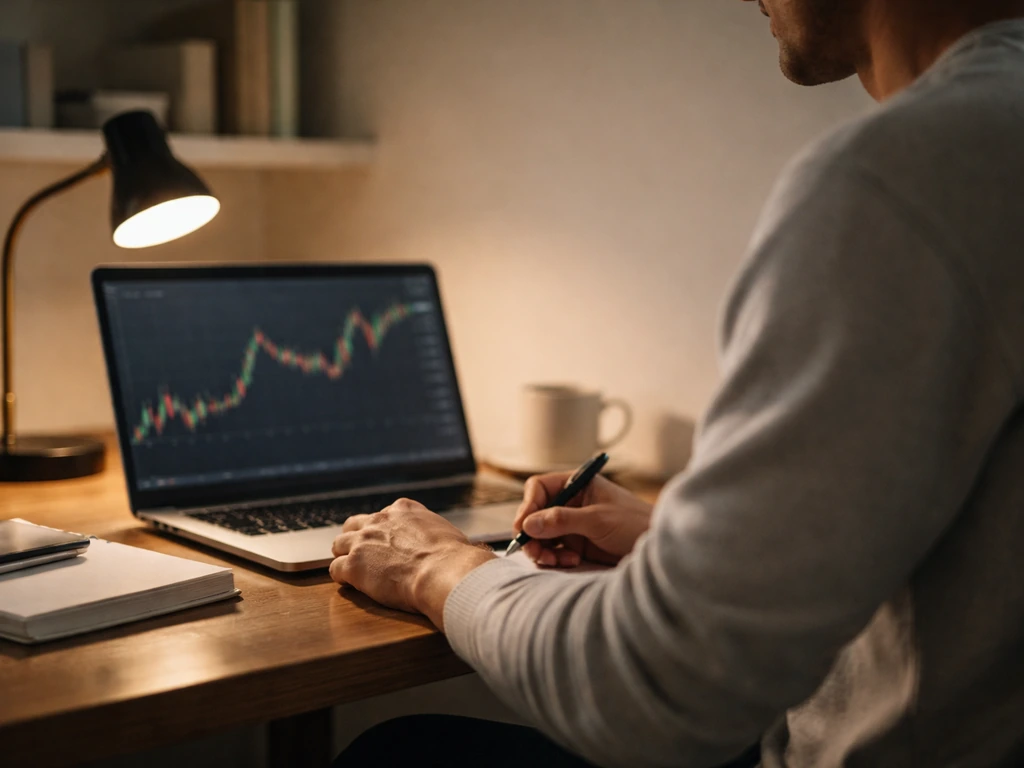 Anonymous trader at a home desk with a laptop and charting screens, illustrating market commentary identity