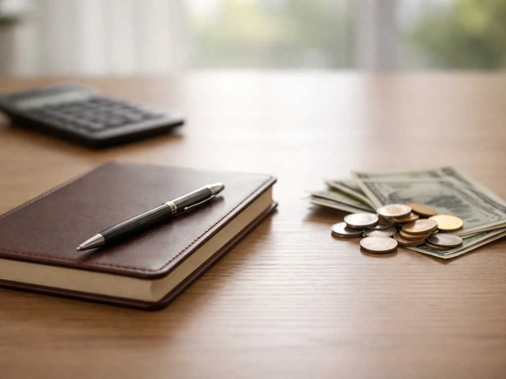 Minimal office scene symbolizing net-worth analysis with a notebook, coins, and a blurred calculator background.