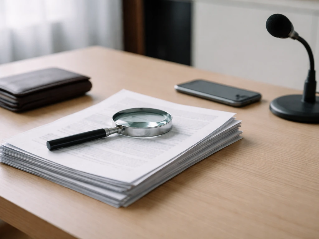 Magnifying glass over documents on an office desk with wallet and phone nearby, symbolizing evidence verification.