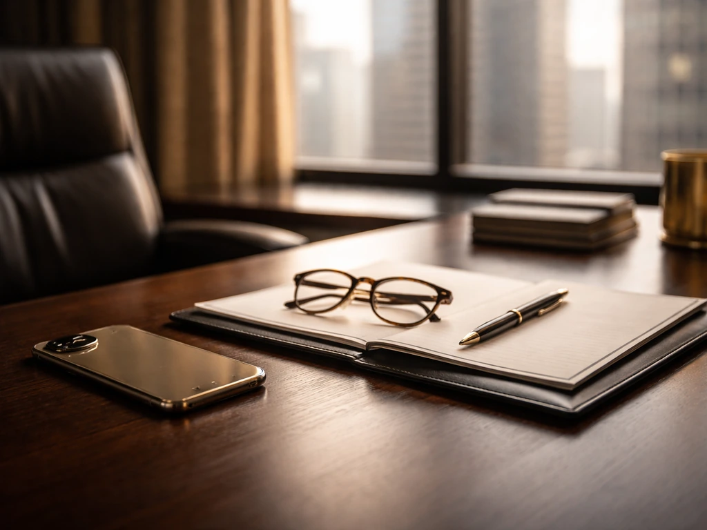 Minimal executive desk scene with smartphone and glasses, with blurred city offices in the background.