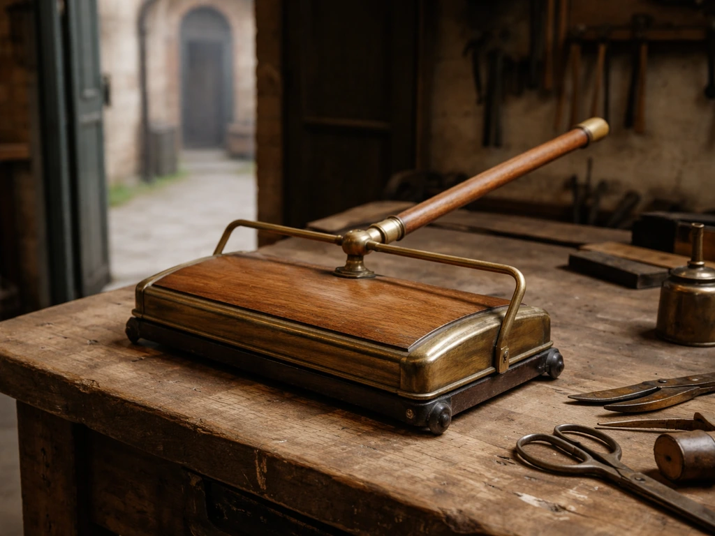 Vintage carpet sweeper on a wooden workbench in a softly lit workshop, suggesting business legacy