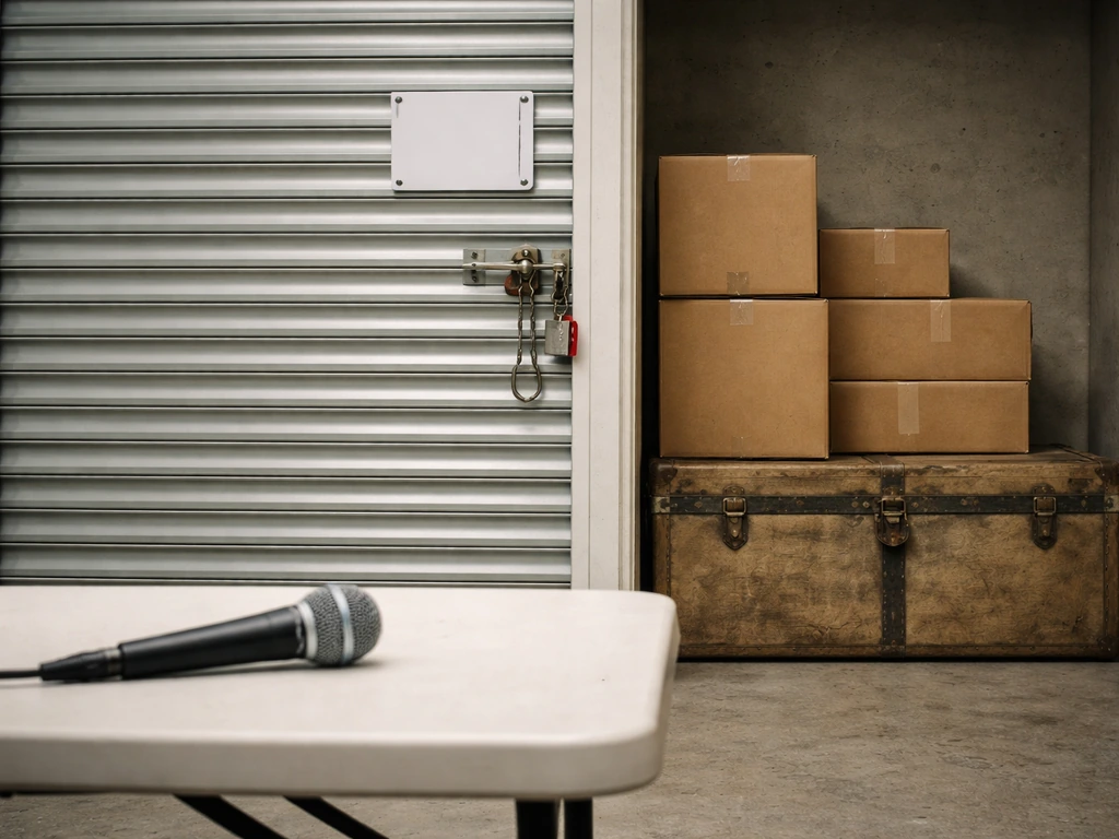 Empty storage auction scene with boxes, lock, and a microphone suggesting reality-TV coverage.