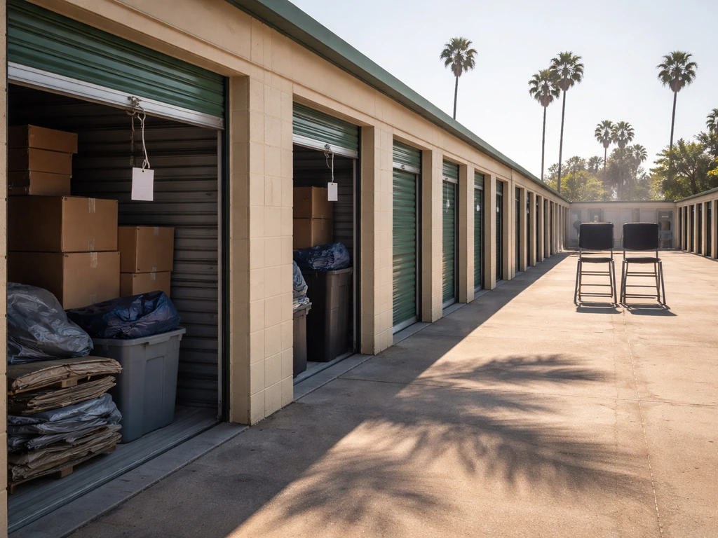 Outdoor Southern California auction yard with storage unit doors open and bidders’ platform in view