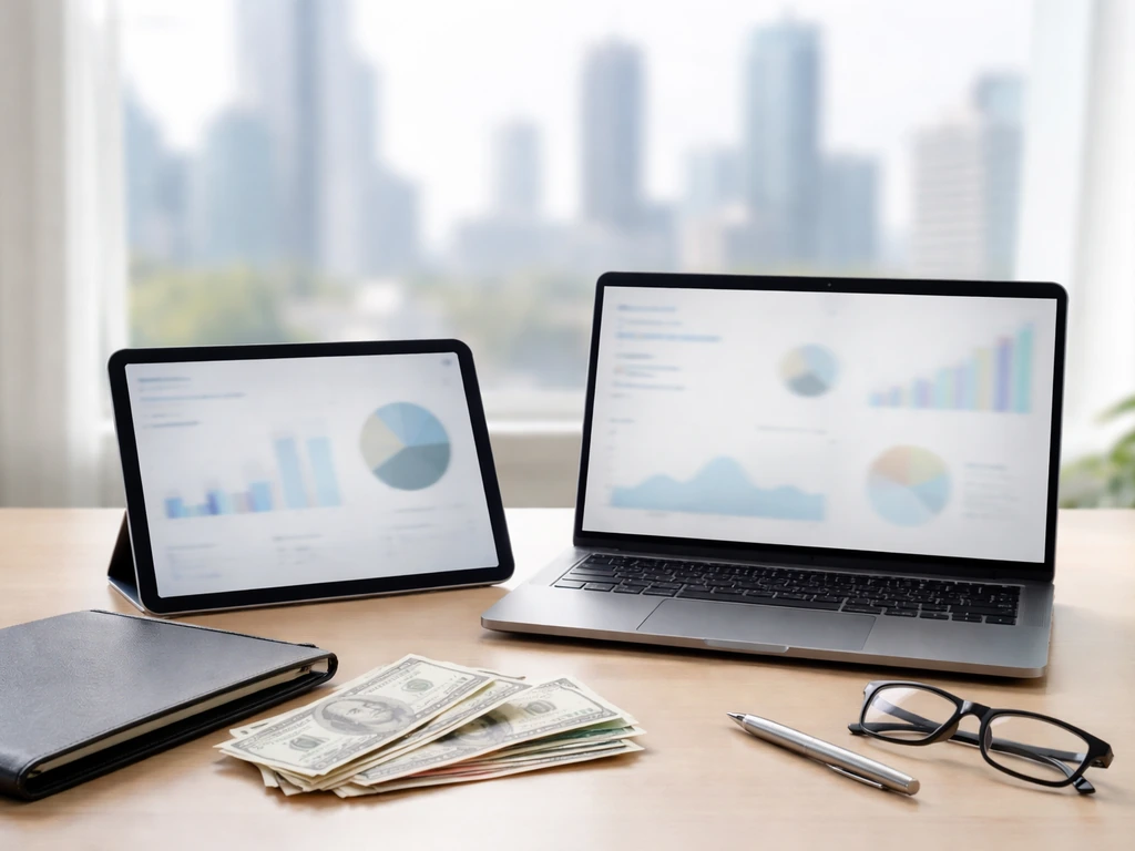 Minimal desk scene with laptop and tablet implying differing financial figures, with money and a pen nearby.