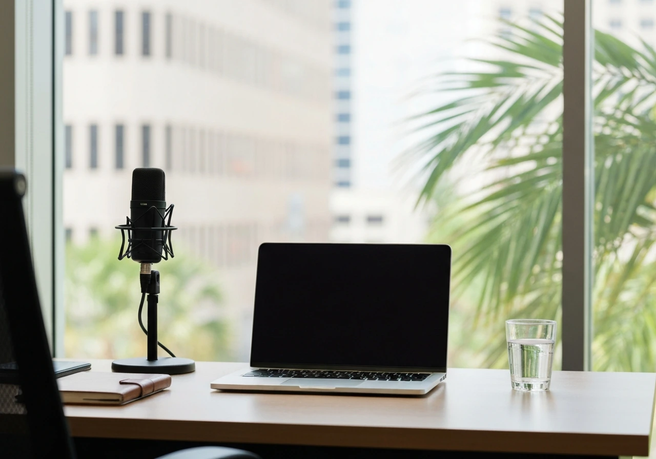 Anonymous finance office desk with laptop and microphone, blurred city view through window
