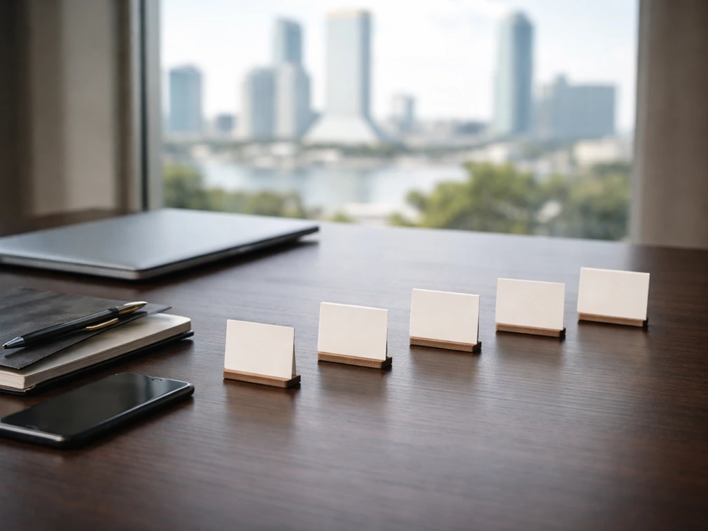 Minimal desk with blank milestone cards arranged in a progression, symbolizing an investment career timeline.