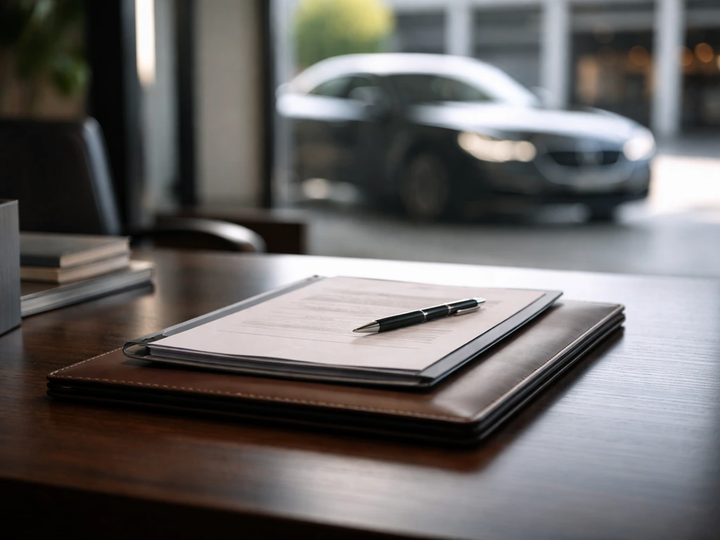 Minimal garage office desk with a vehicle service contract folder and blurred car outside the window.