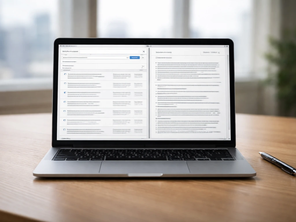 Minimal office desk scene with a laptop showing a generic SEC EDGAR search and a Form ADV document view