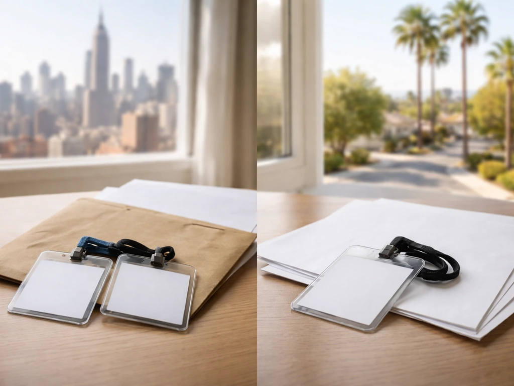 Minimal office scene with blank documents and keycards, blurred city views hinting at identity mix-ups.