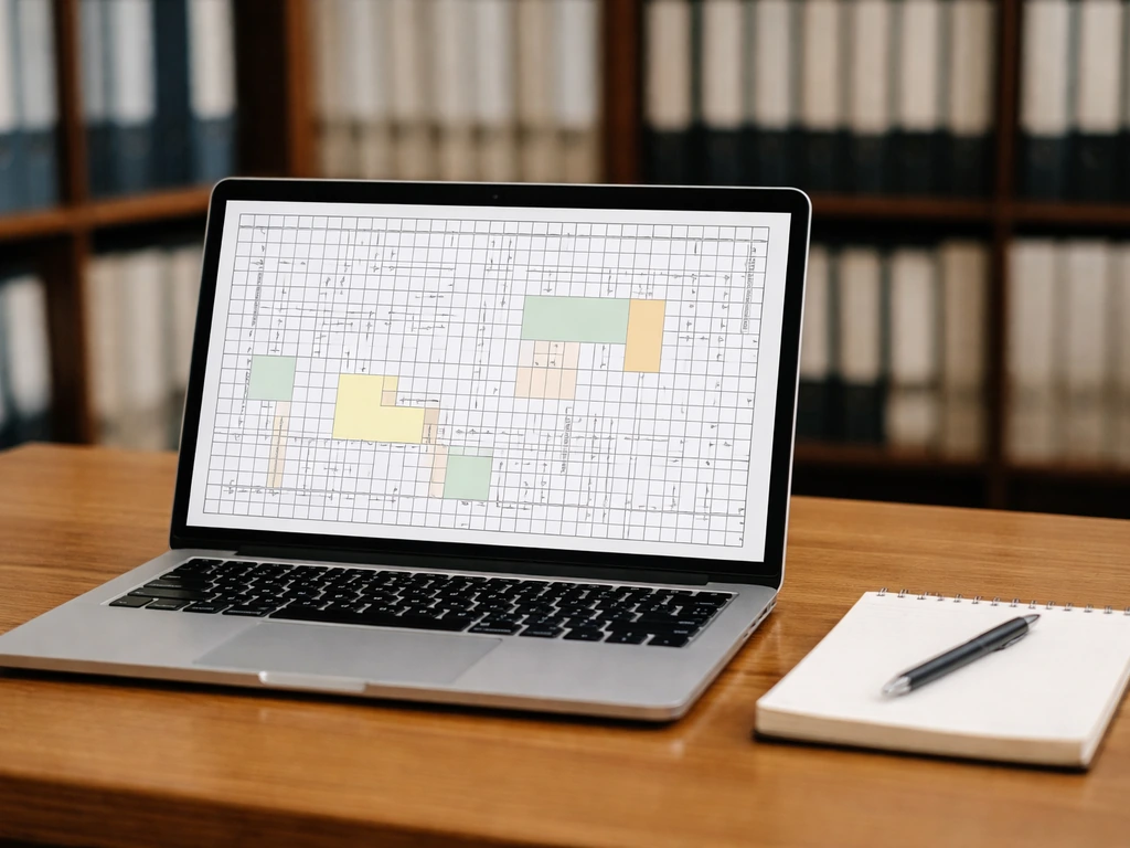 Close-up of a laptop showing a generic county parcel map view with a few highlighted lots, no readable text.