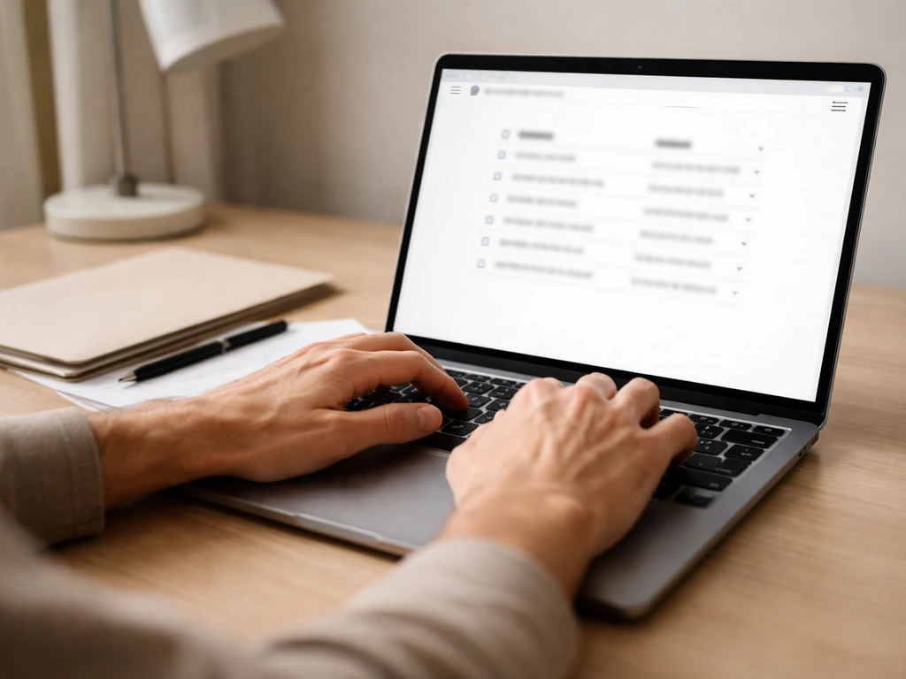 Hands reviewing an LLC-style document on a laptop to verify property ownership through linked entities