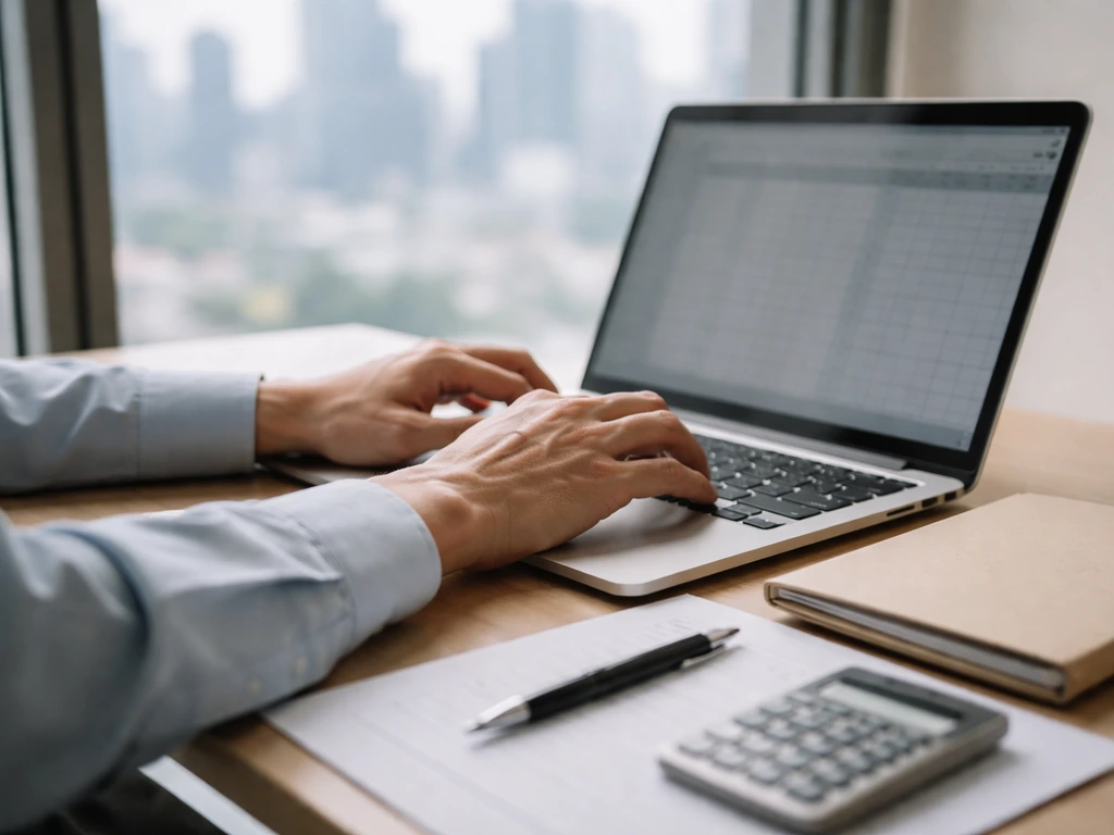 Minimal desk scene with laptop showing a muted spreadsheet-like layout, not readable, symbolizing real-estate net worth