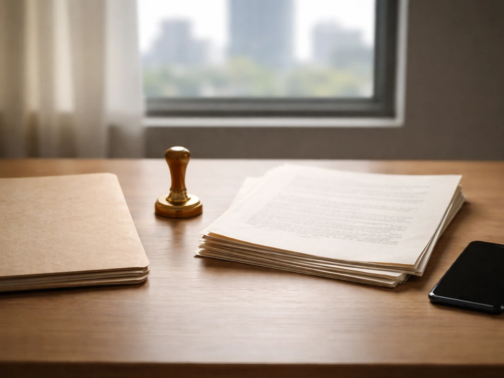 Minimal desk with stamped legal documents and a phone, suggesting new deed filings over time.
