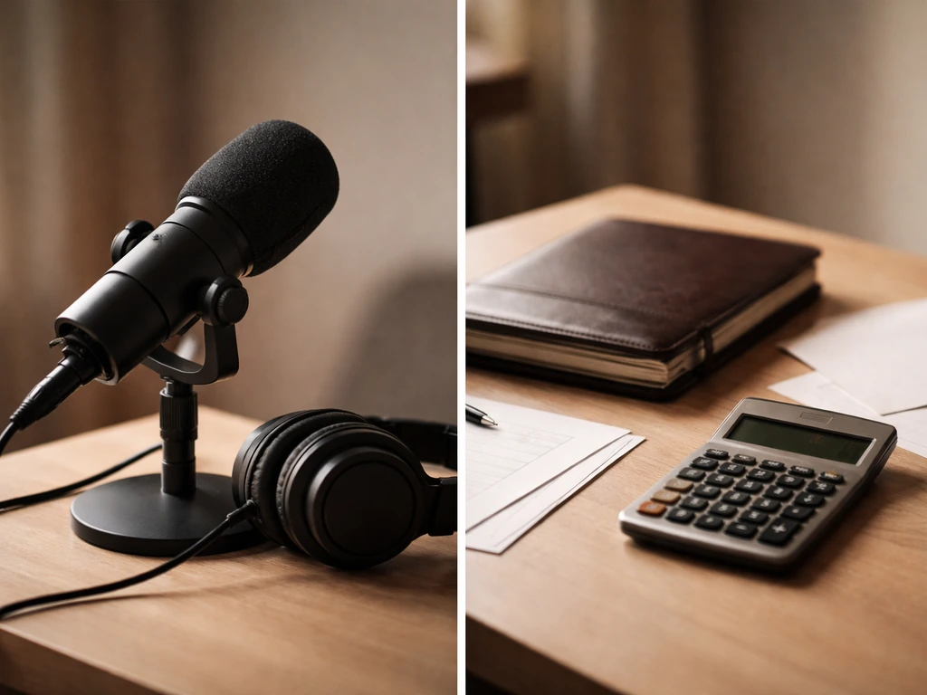 Podcast desk with microphone and a calculator beside neatly arranged ledgers, suggesting media net worth analysis.