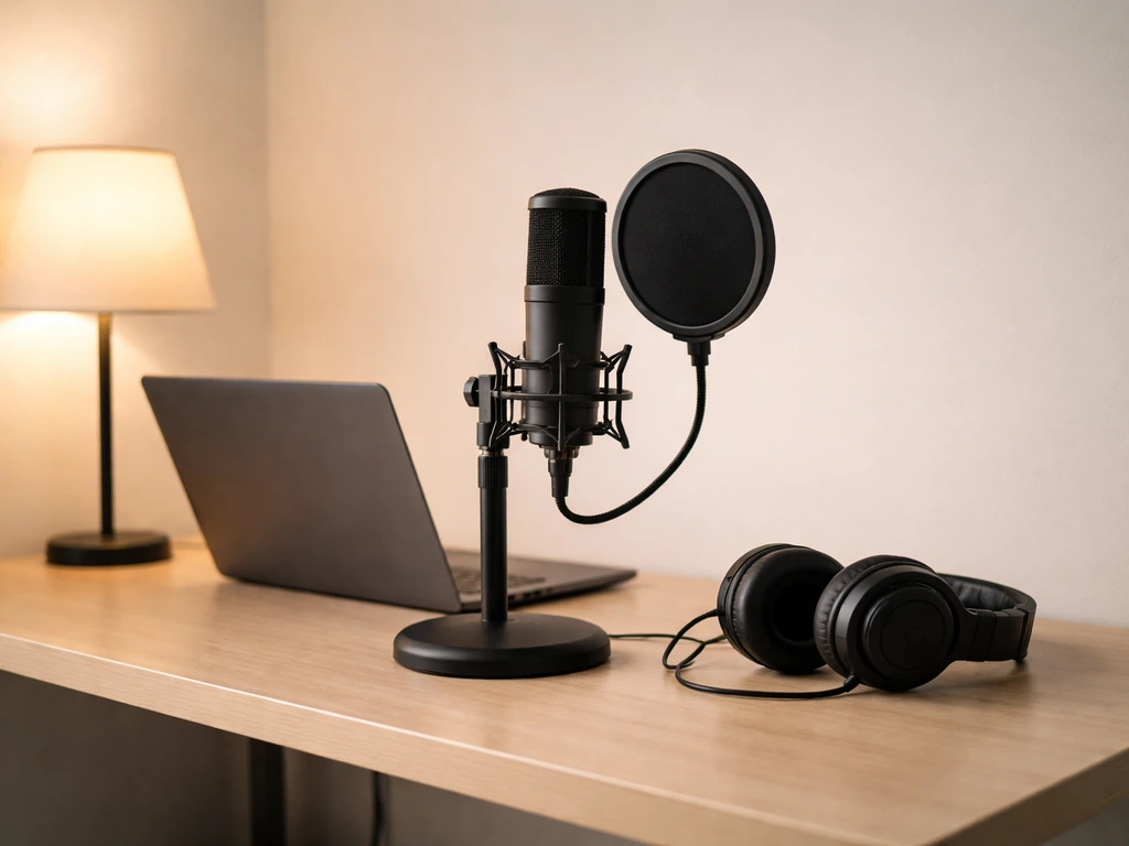 Minimal podcast recording setup with a microphone and laptop in a calm studio, symbolizing a design podcast.