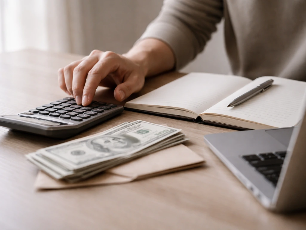 Close-up of hands using a calculator on a desk with bills and a laptop in soft natural light