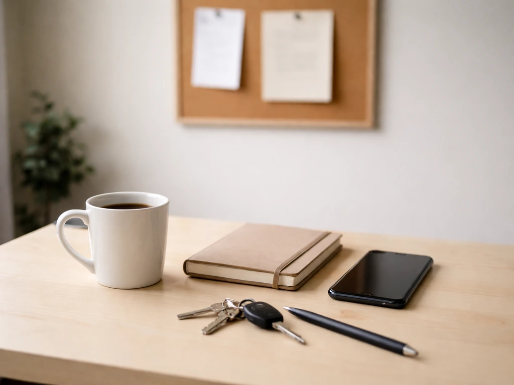 Modest desk with everyday items and a blurred community board, suggesting a non-luxury lifestyle.