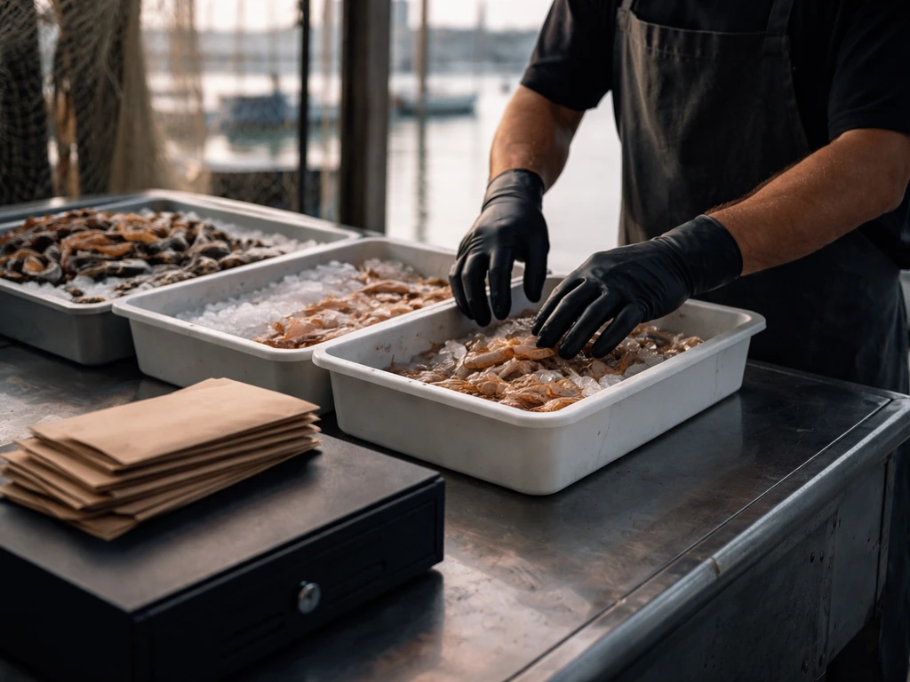 Anonymous seafood worker sorting fresh seafood beside cash envelopes in a small harbor workspace.