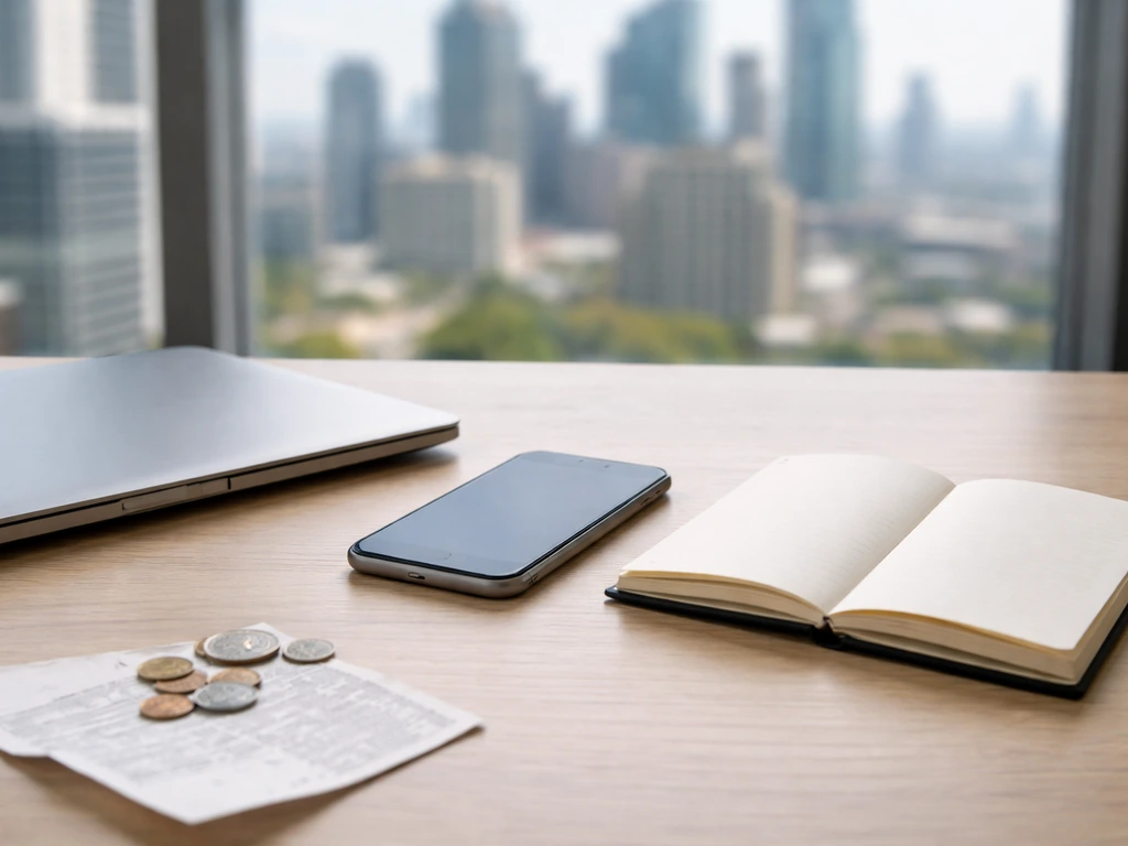 Minimal office desk with laptop, blank notebook, coins, and smartphone suggesting how net worth estimates are built.
