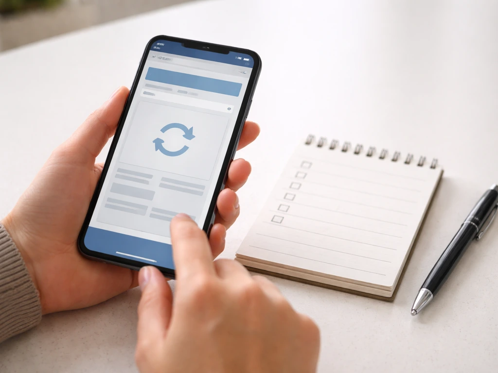 Hand holding a smartphone showing a generic business registry page, with notebook and pen for independent verification.